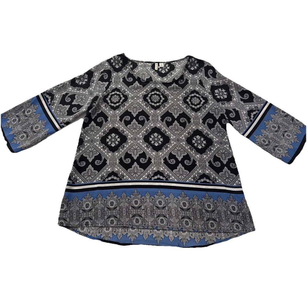 Cato Blouse Women Medium Gray Geometric 3/4 Sleeve Round Neck Pullover Casual